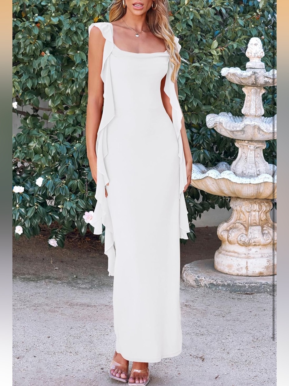 Elegant White Ruffle-Trim Maxi Dress